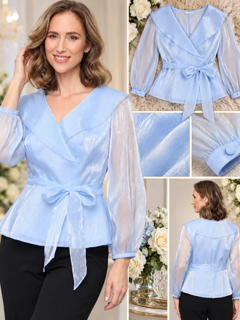 Alex Evenings Petite Light Blue Shimmer Sheer Sleeve Wrap Blouse Top PL NWT